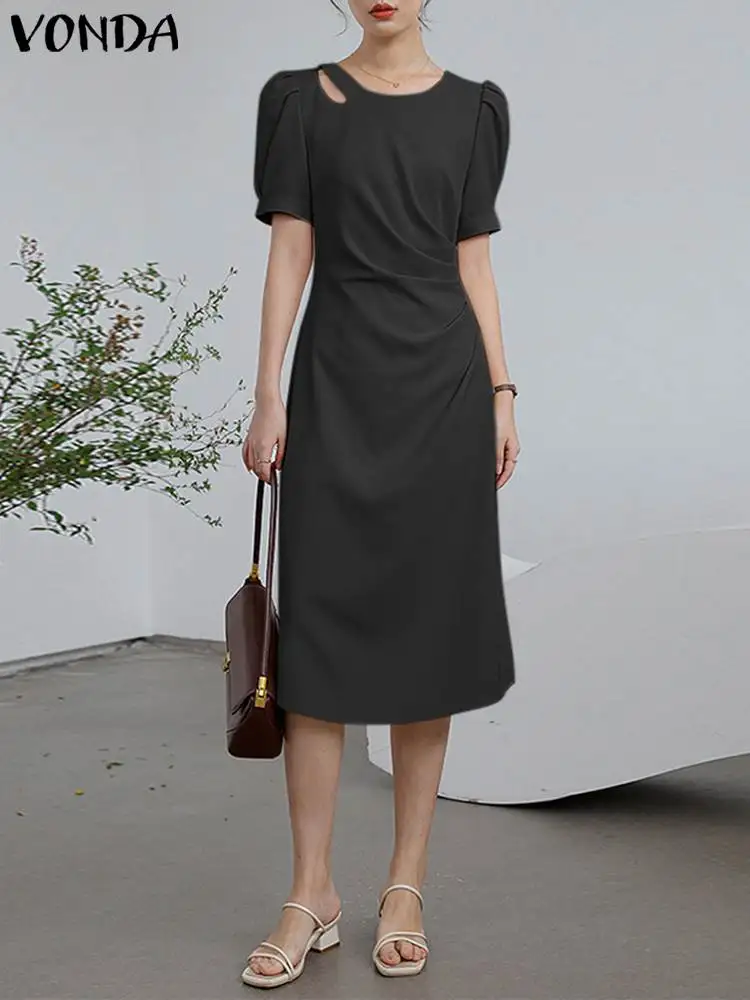 

Сарафан VONDA женский с коротким рукавом, повседневное однотонное Плиссированное элегантное офисное платье средней длины с круглым вырезом, с вырезами, лето 2023