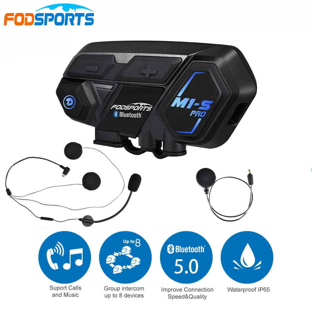 Фото Гарнитура для мотоциклетного шлема, Fodsports M1S Pro, 8 райдеров, 2000 м, Bluetooth 5,0, водонепроницаемая, класс влагозащиты IPX6 №1