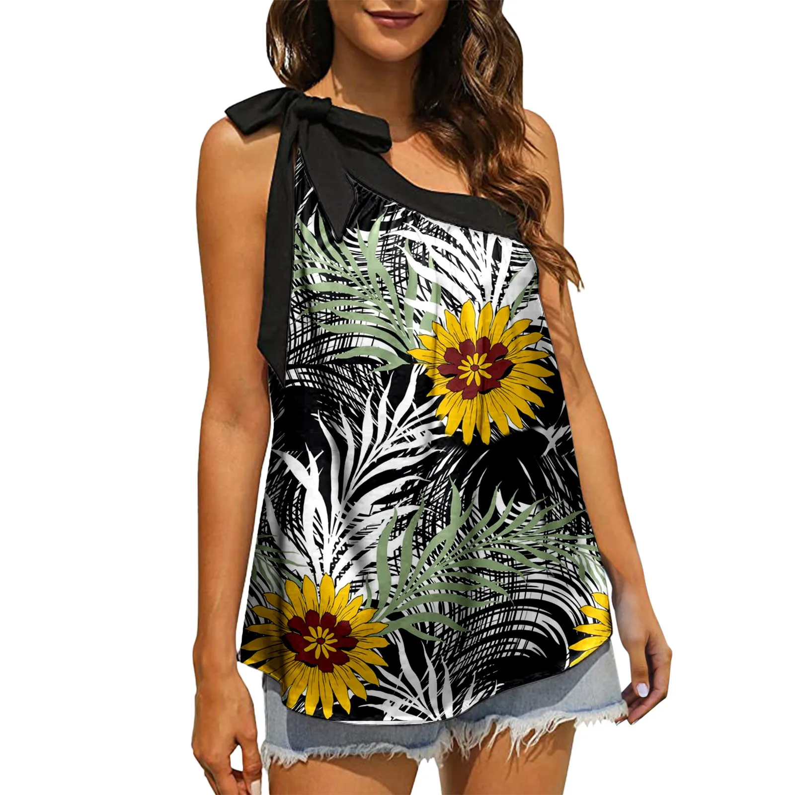

Women Summer Casual Tops 2022 New Fashion One Shoulder Top Bow Tie Bow Sleeveless Blouse Woman Floral Printed Matching Shirts