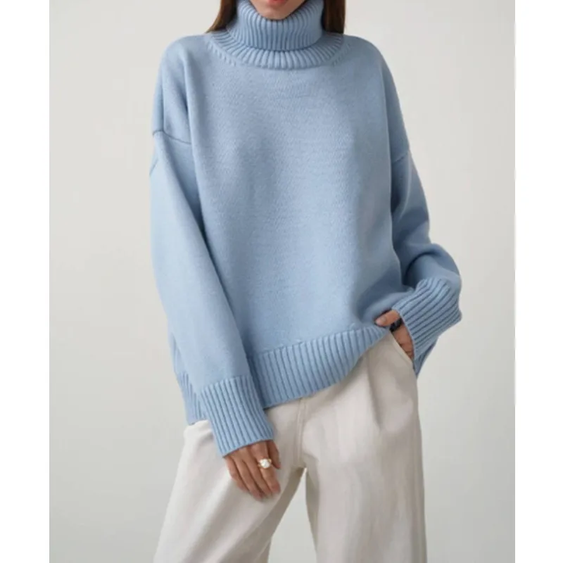 

Женский Повседневный Свободный вязаный джемпер, женская одежда, свитер с высоким воротником, сезон осень-зима, плотный теплый пуловер, топ, ...