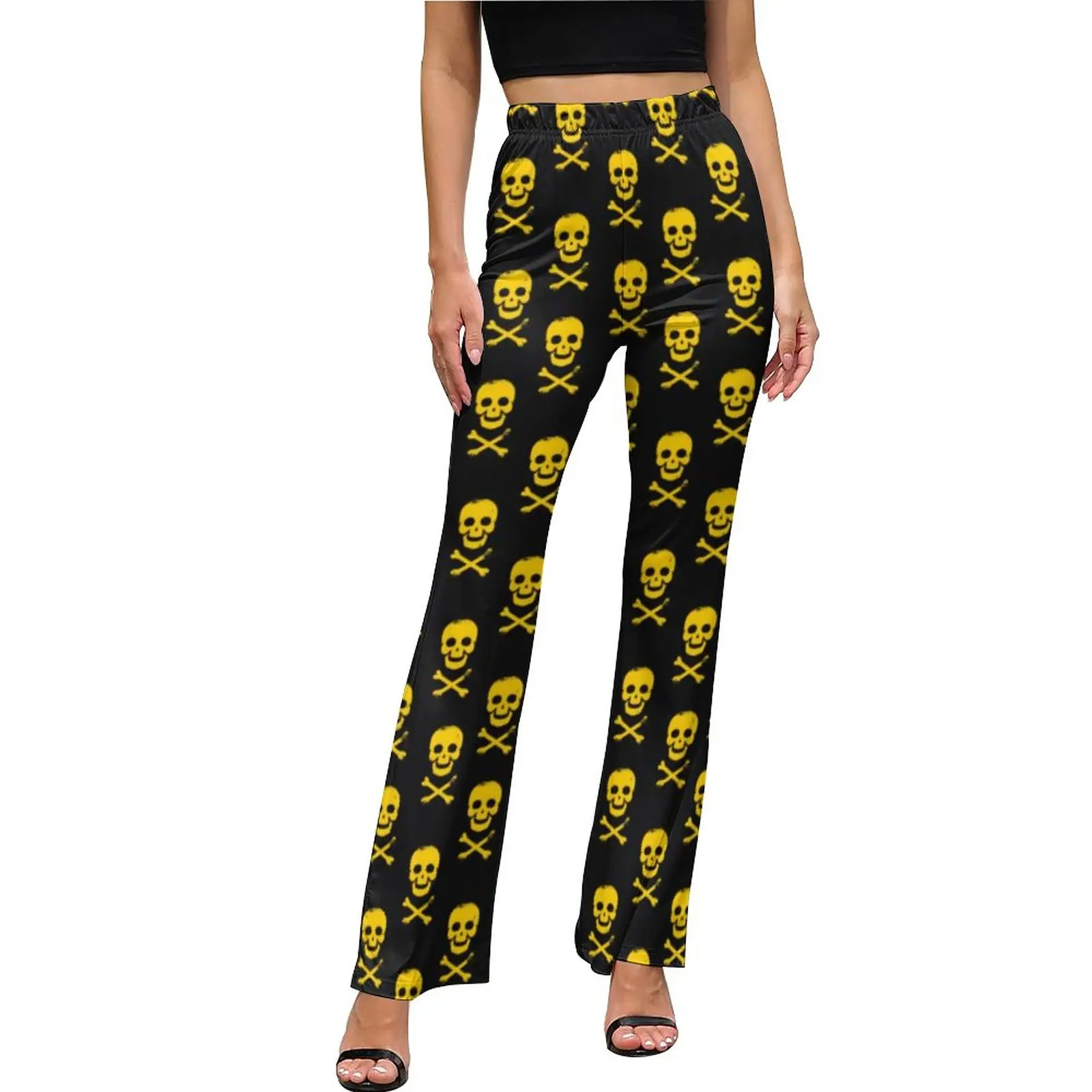 

Yellow Skull Pants Crossbones Print Casual Flared Trousers Autumn Womens Graphic Harajuku Slim Fit Pants