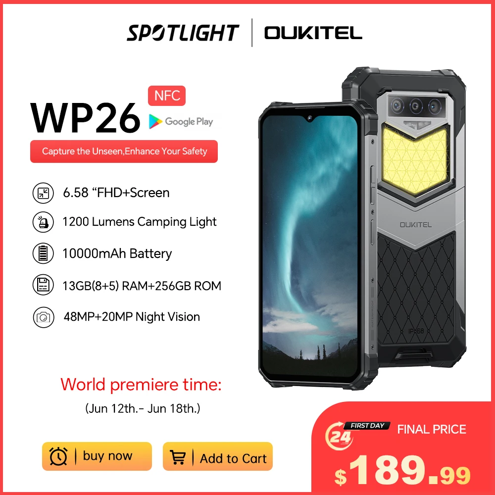 [ World Premiere] Oukitel WP26 Rugged Cell Phone 10000mAh, 8GB, 256GB, Smartphone 48MP+20MP Night Camera, Mobile Phone, MTK P90