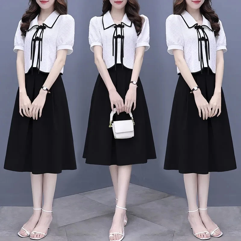 Женский винтажный костюм с юбкой белый топ коротким рукавом и пуговицами юбка