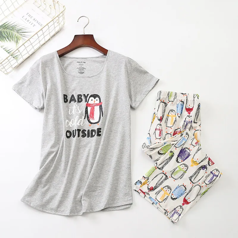 Summer Pajamas Set Short Sleeve T-shirt Calf-length Pants Cartoon Pyjama Big Size Mom Soft Homewear Cozy Plus Sleepwear