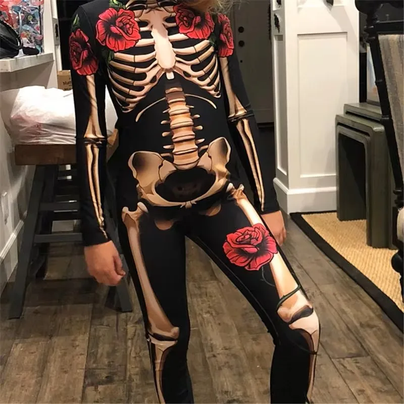 Розовый комбинезон со скелетом костюмы для косплея на Хэллоуин девушек