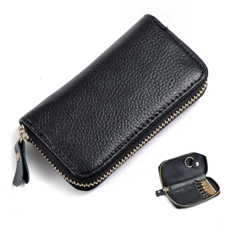Fashion Simple Key Holder Genuine Leather Wallet Unisex Solid Key Wallet Organizer Bag Car Housekeeper Wallet Card Holder