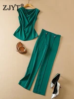 zjyt summer elegant lady office pants 2piece sets women sleeveless satin blouse and trousers suit overalls green work outfit