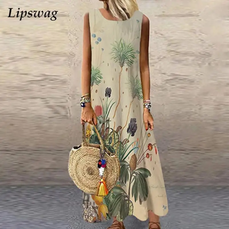 

Женское винтажное платье на бретелях, повседневное свободное платье с принтом и круглым вырезом, офисное длинное платье для вечевечерние, о...