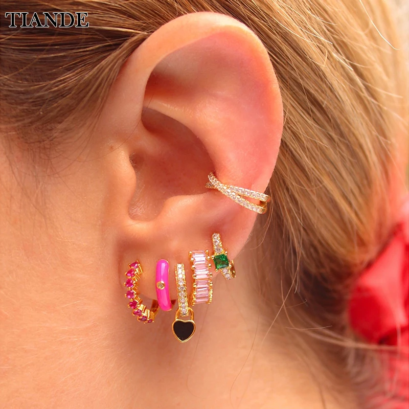 

TIANDE Gold Plated Hoop Earrings for Women Inlaid Color Zircon Enamel Piercing Heart Drop Earrings 2022 Trend Jewelry Wholesale