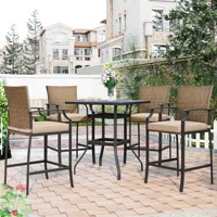 Outdoor Patio 5-Piece PE Rattan Counter Height Dining Table Set with 4 Dining Chairs&Cushions for Backyard Garden Poolside Brown