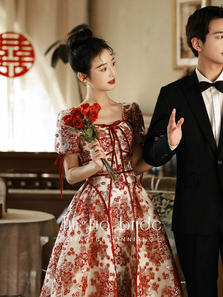 

Retro Square Collar Short Sleeves Prom Engagement Dresses Temperament Slim A-Line Mid-Length Banquet Elegant Female Bridal Gowns