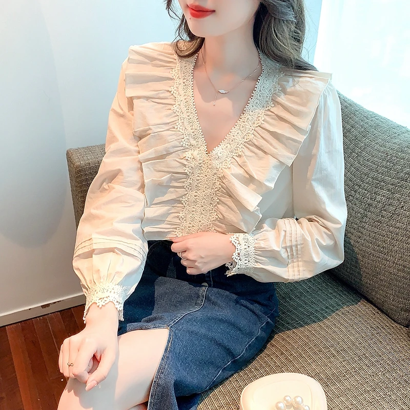 

New 2023 Pull Sleeved V-Neck White Women's Chiffon Shirts Fashion Casual Solid Color Ruffles Blouses Tops