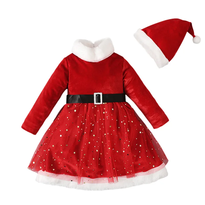 

New Year Plush Thicken Christmas Outfit Girls Dress Long Sleeve Lace Tutu Party Dresses Belt Hat Baby Girl Kids Xmas Warm Gifts