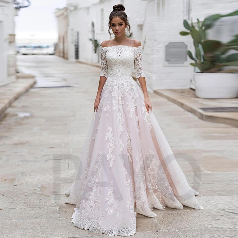 

Vintage Wedding Dress Boat Neck Elegant Buttons Exquisite Appliques Luxury Sweetheart Mopping Vestido De Novia For Women