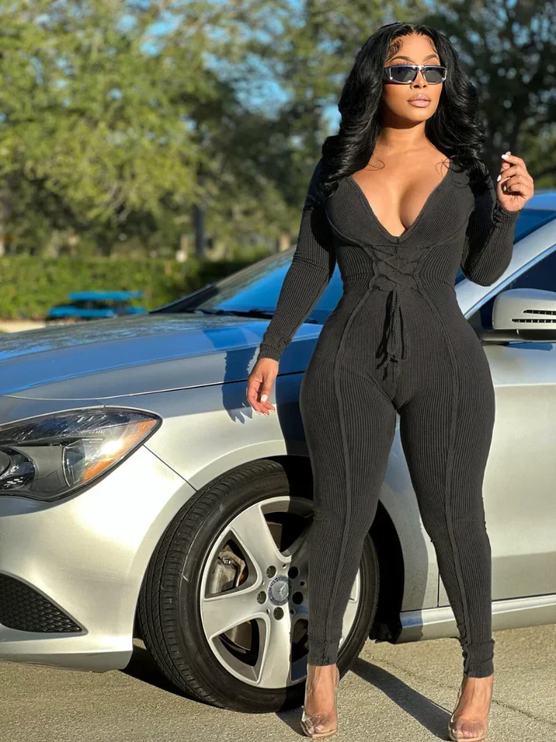 Женский трикотажный комбинезон KEXU в рубчик с длинным рукавом и V-образным вырезом