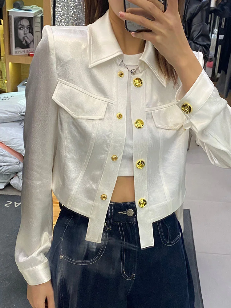 

2023 Korean Women Metal Buckle Irregular Satin Jackets Crop Tops Female Black Sun Protection Clothing Coats White A