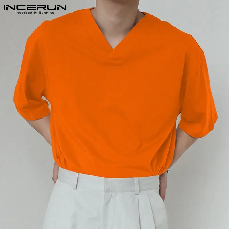 

Футболка мужская однотонная свободного покроя, с V-образным вырезом и рукавом