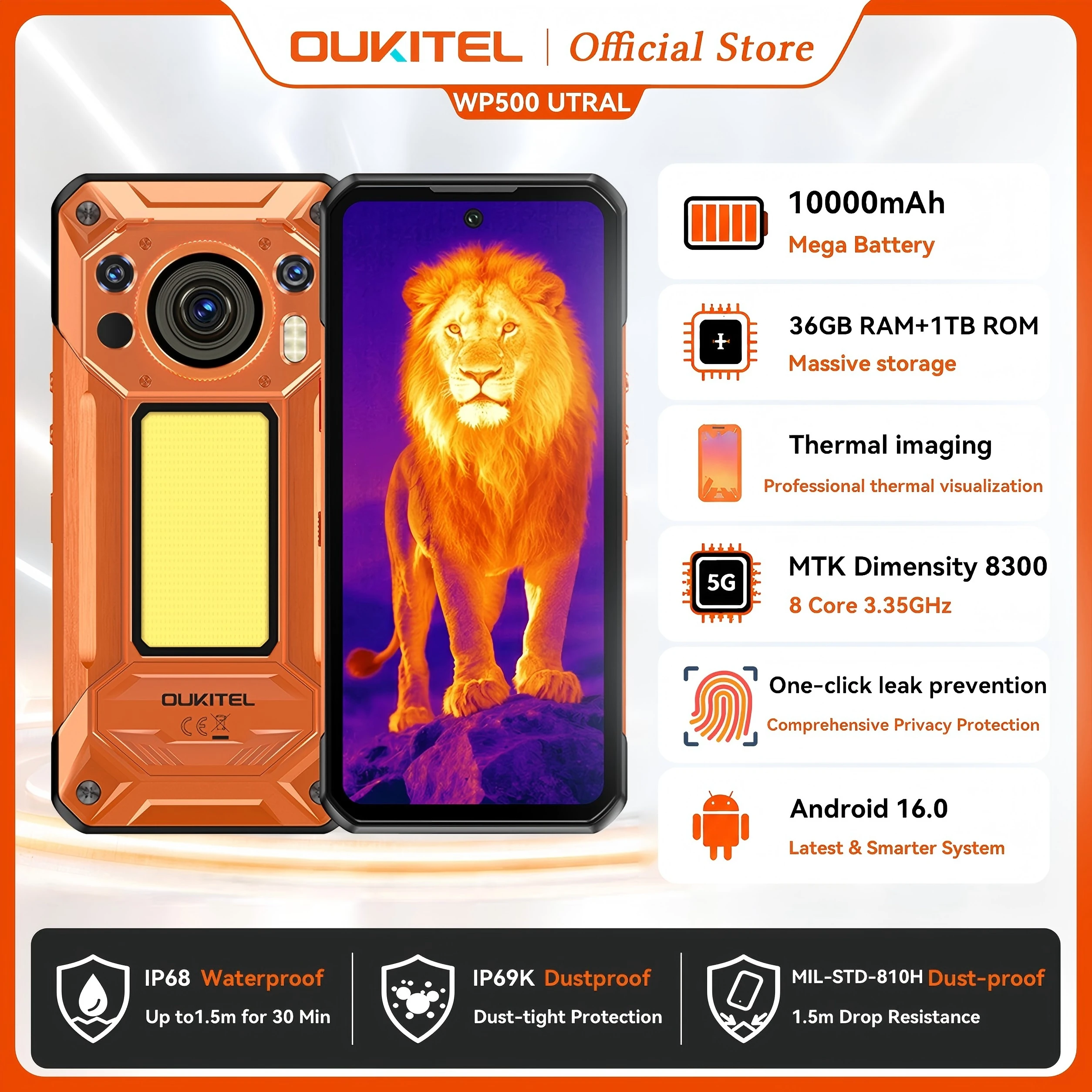 Фото Смартфон OUKITEL WP500 Ultra Rugged с ИИ-камерой тепловизионного видения, кнопкой конфиденциальности, Dimensity 8300, 108 МП, 10000 мАч, 36 ГБ ОЗУ, 1 ТБ ПЗУ, IP68 №1