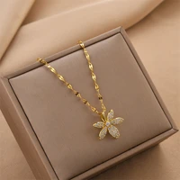 stainless steel necklaces for women cz golden leaves pendant aesthetic water wave chain summer luxury all match womens jewelry