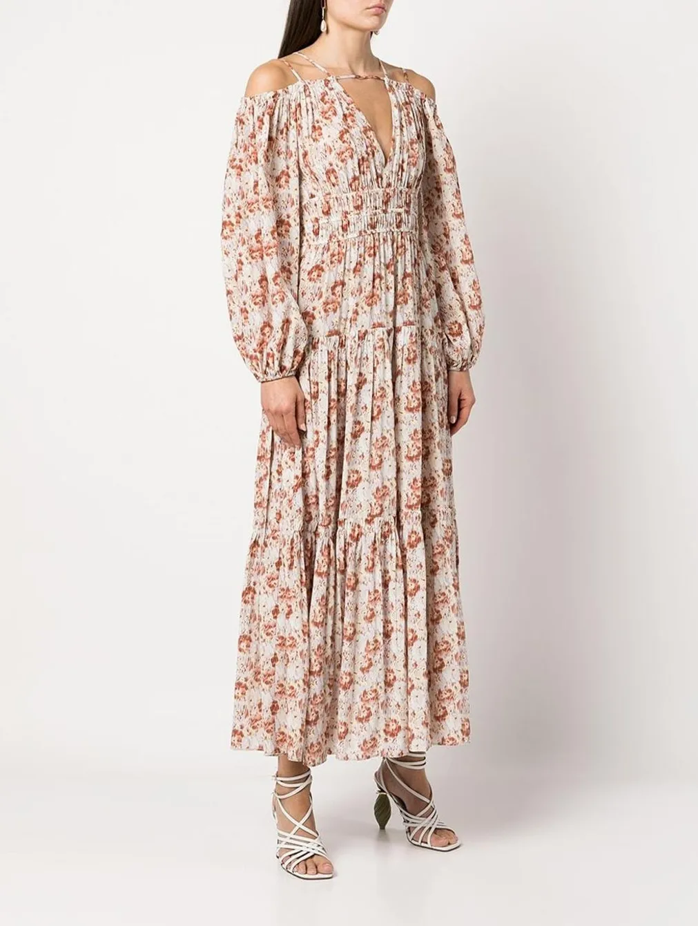 

Women Pink Print Casual Maxi Dress Long Sleeve V-Neck Fashion Sweet Off The Shoulder Elastic Waist Lady Long Dress