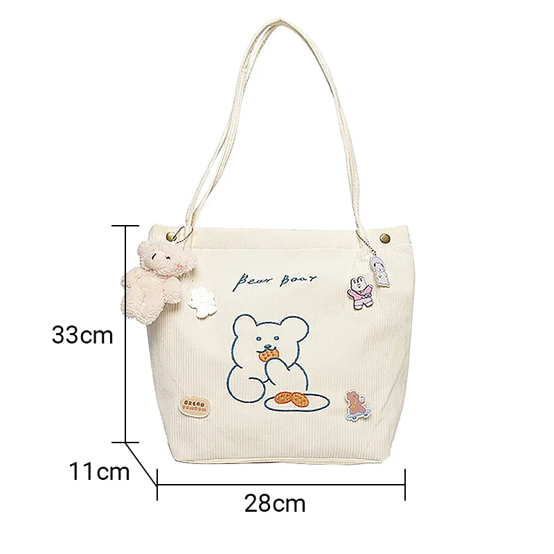 Вельветовая сумка-шоппер, милая сумка на плечо с медведем, женские многоразовые повседневные уличные сумки-тоут, женская сумка