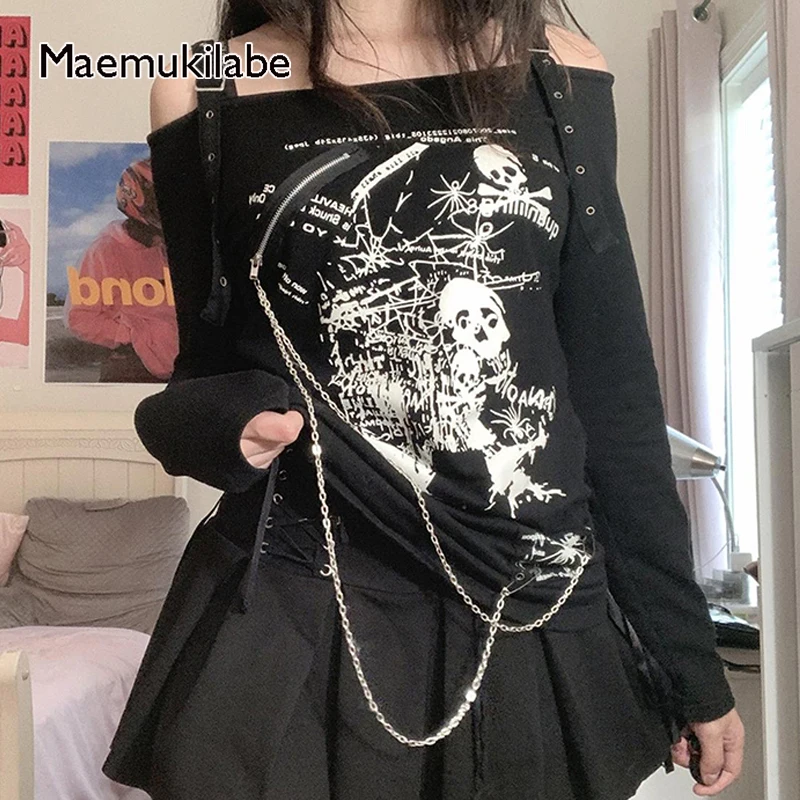 

Maemukilabe E-girl, готический топ с графическим принтом черепа, y2k, темная академия, гранж, футболка с цепочкой, винтажные футболки в стиле Харадзюку, эмо