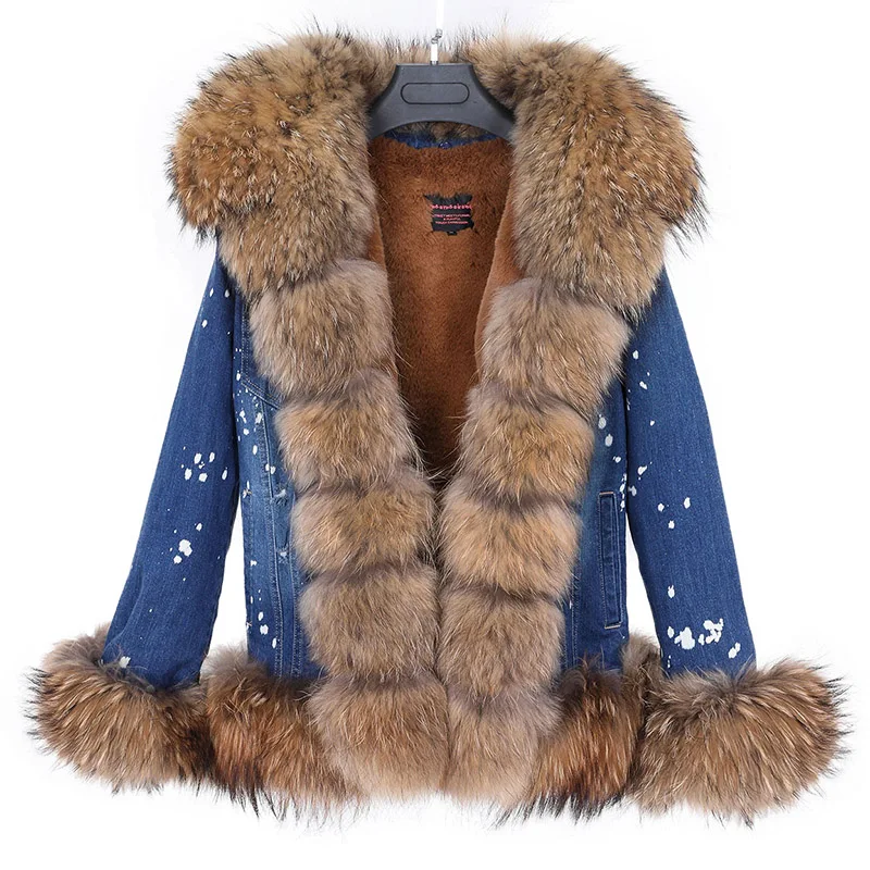 

2023 Maomaokong New Winter Real Natural Raccoon Fox Fur Collar Denim Jacket Short Parka Female Rabbit Fur Lining Women Fur Coat