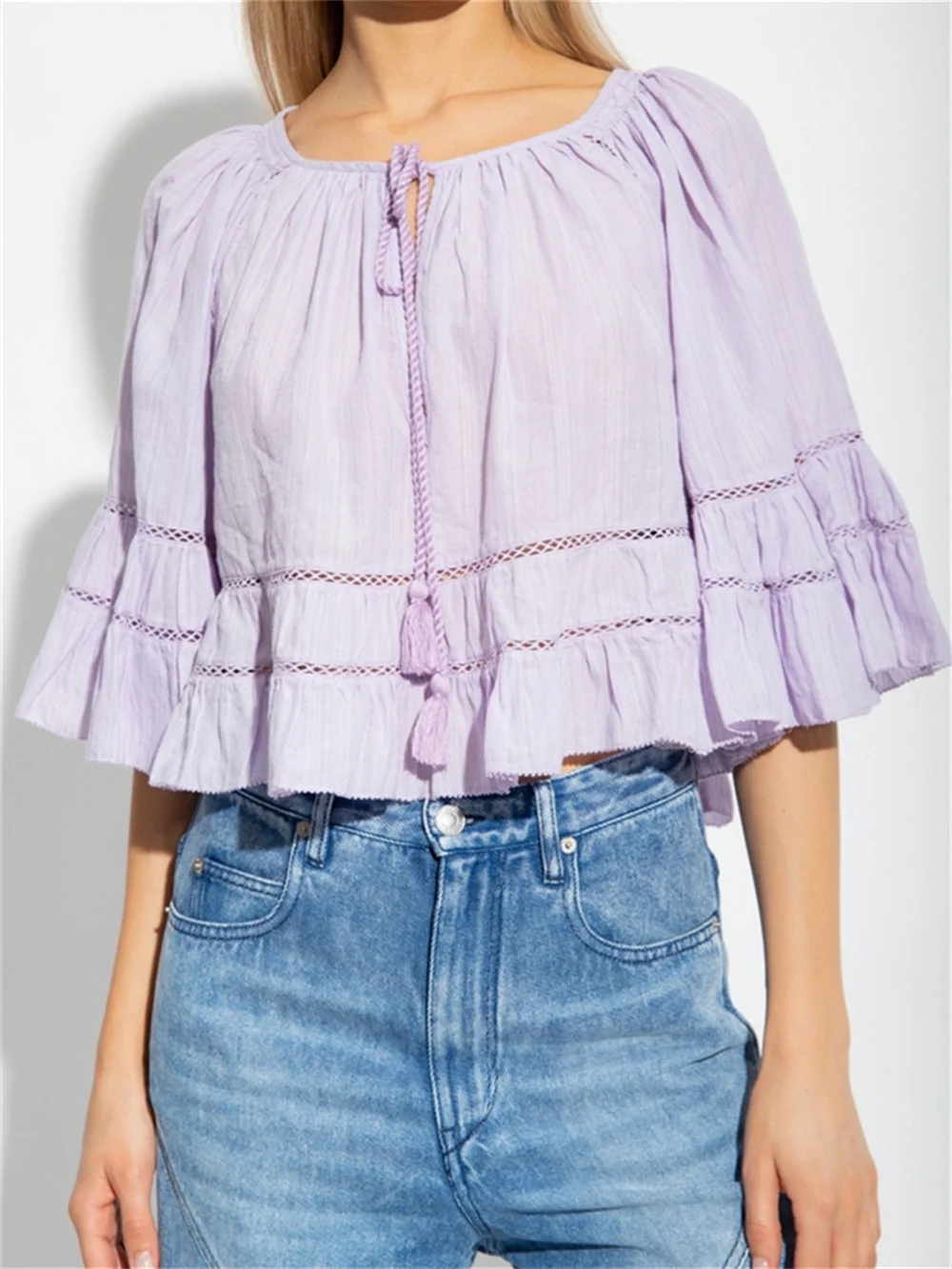

Women Shirt White Purple Black Ruffles Hollow out Sweet Flared Sleeve Female Drawstring Loose Blouses O-neck Top