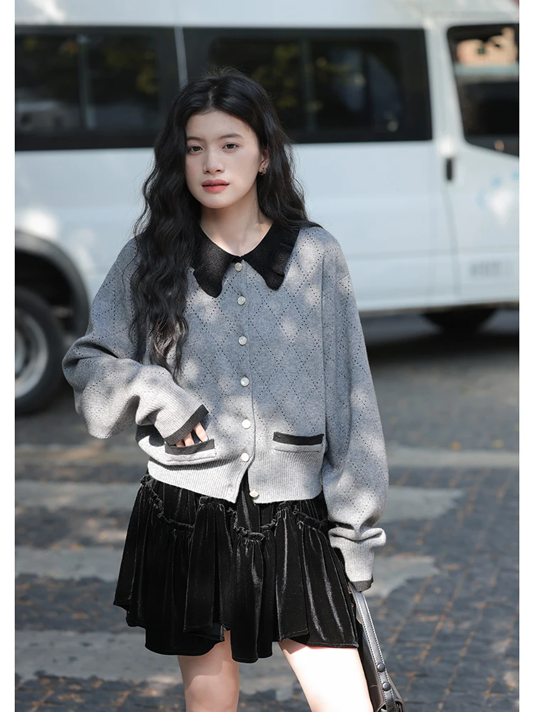 Серый вязаный кардиган с французским кукольным воротником верхняя одежда