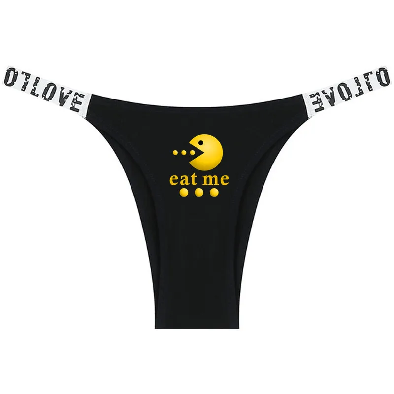 

Трусики-стринги женские с забавным принтом Съешь меня пачмен