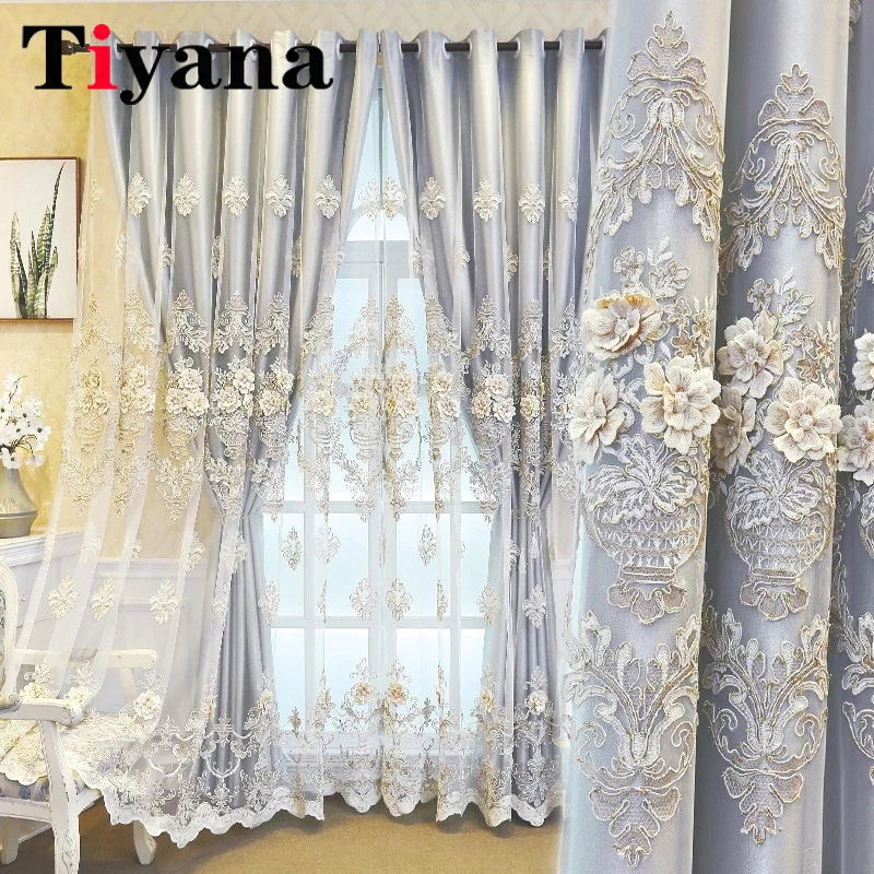 

European Luxury Embroidered Curtains for Living Room Bedroom Wedding Windows Backdrop Blackout Jacquard Valance Grey Decorative