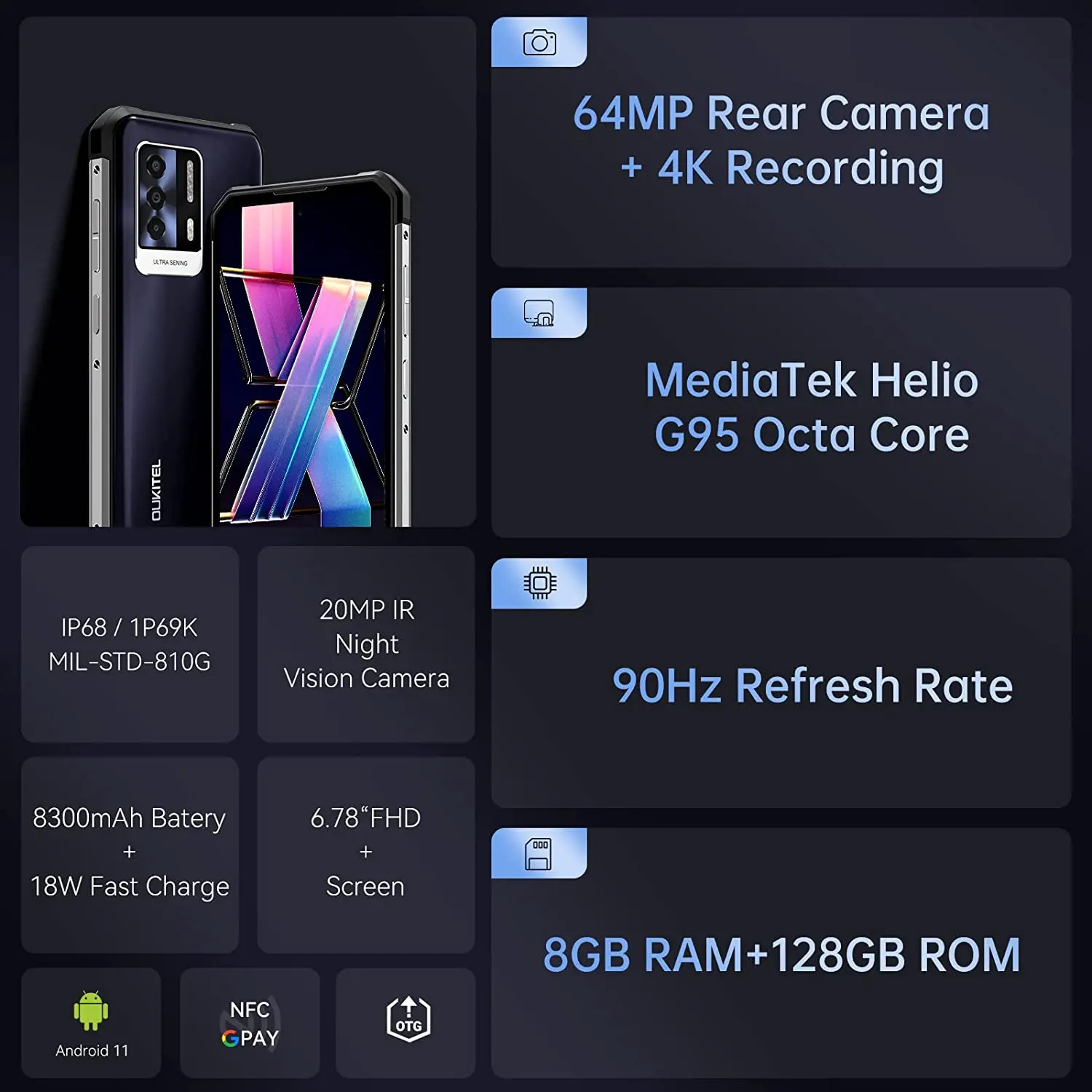 Oukitel WP17 IP68 Rugged Smartphone 8300MAH 8GB+128GB Android Mobile Phone 64M NFC Global Android 11 4G Cell phone