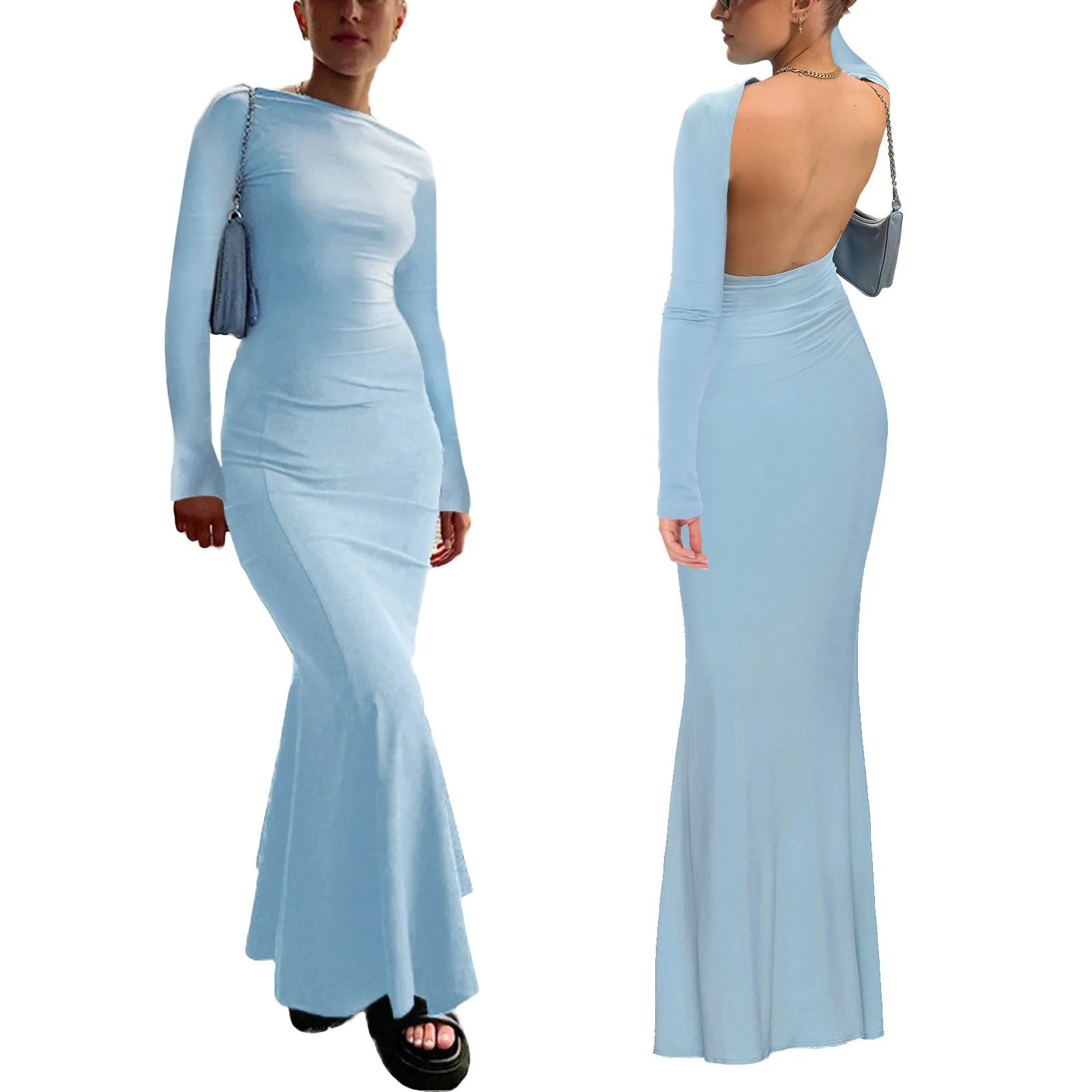 

Women Casual Solid Dress Backless Long Sleeve Round Neck Dress Slim Dress Fishtail Womens Rhinestone Long Sleeve Evening Dress