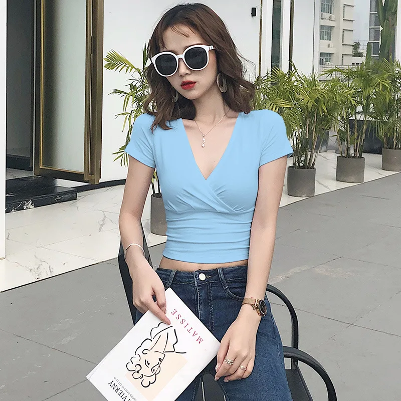 

2022 Летняя Повседневная Однотонная футболка с коротким рукавом и V-образным вырезом, серая