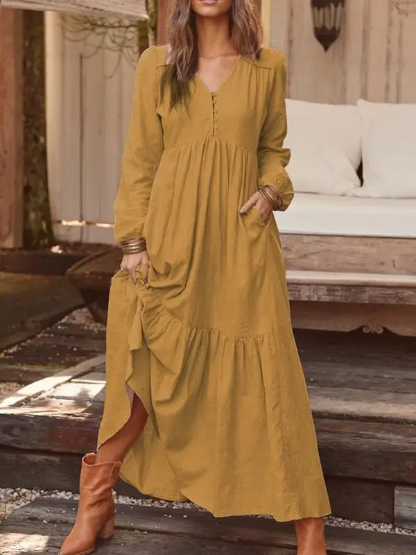 

Autumn Solid Color Casual Long Vestidos 2023 Cotton Linen V-Neck Long Sleeve A-Line Sexy Elegant Ruffles Dresses For Women 2023