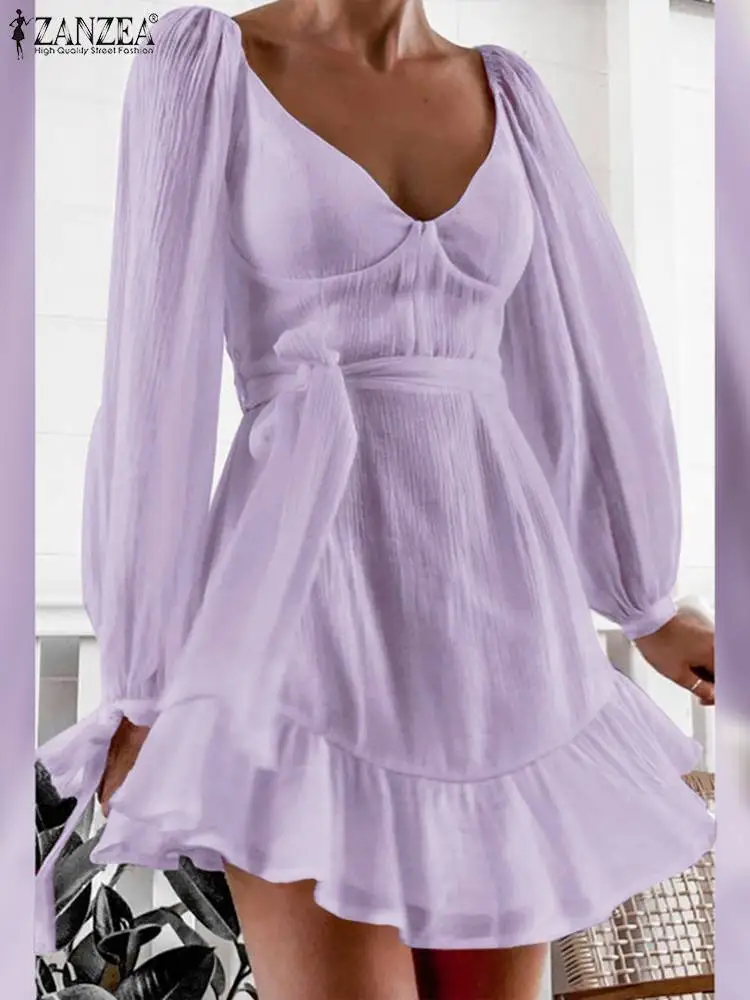 

Holiday Elegant White Sundress ZANZEA Chic Long Sleeve Vestidos 2022 Spring Summer Solid Knee Robe Women Party Sexy V Neck Dress