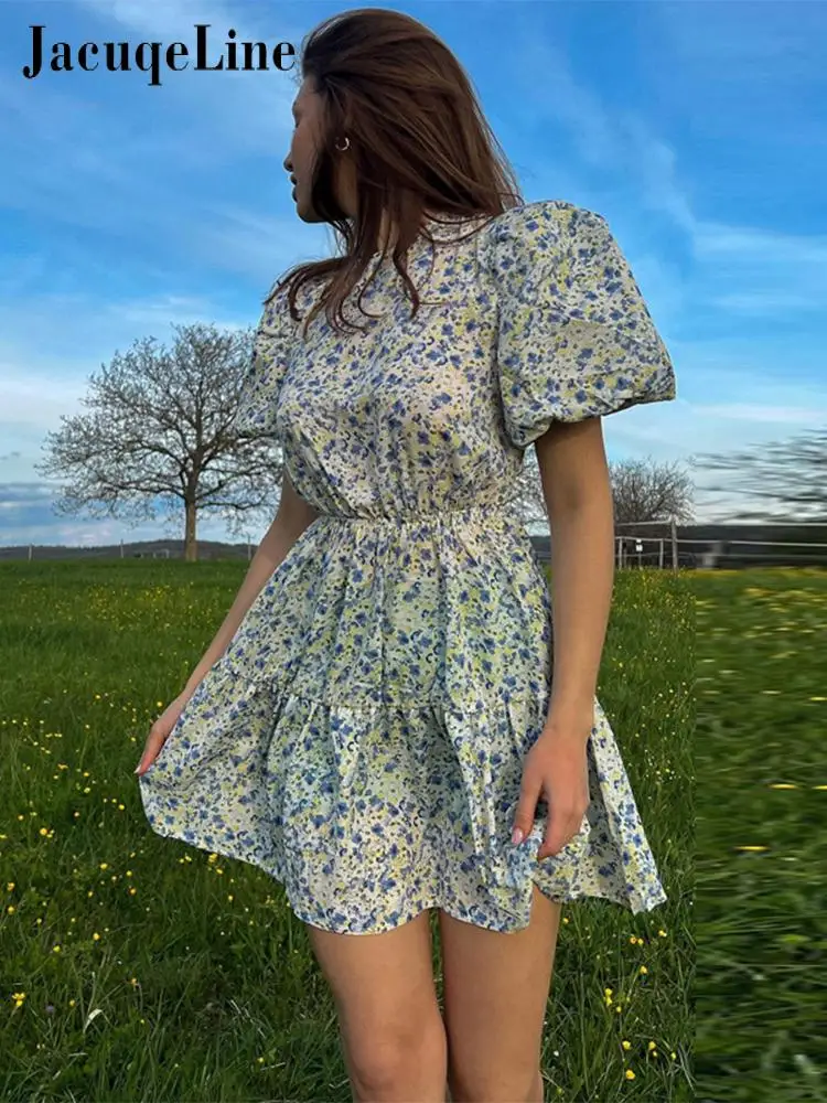 

Jacuqeline 2022 Puff Sleeve Floral Print Mini Dress Sexy Backless Women Outfits Elegant A Line Summer Dresses Clothes Bohemia