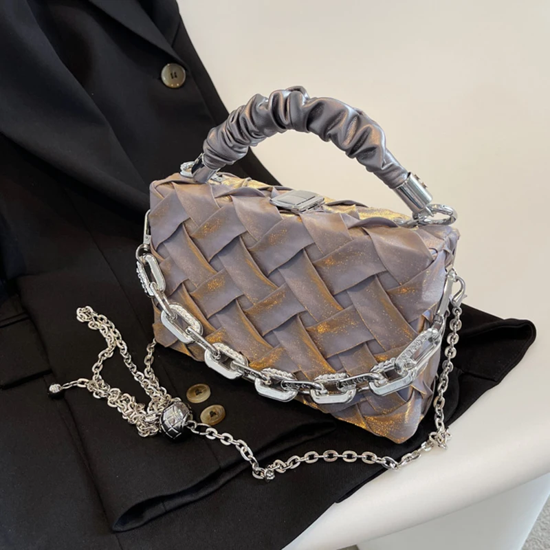 

Плетеная вязаная женская сумка через плечо, Дамский саквояж на цепочке с ручками из пластика, тоут, мессенджер, портмоне