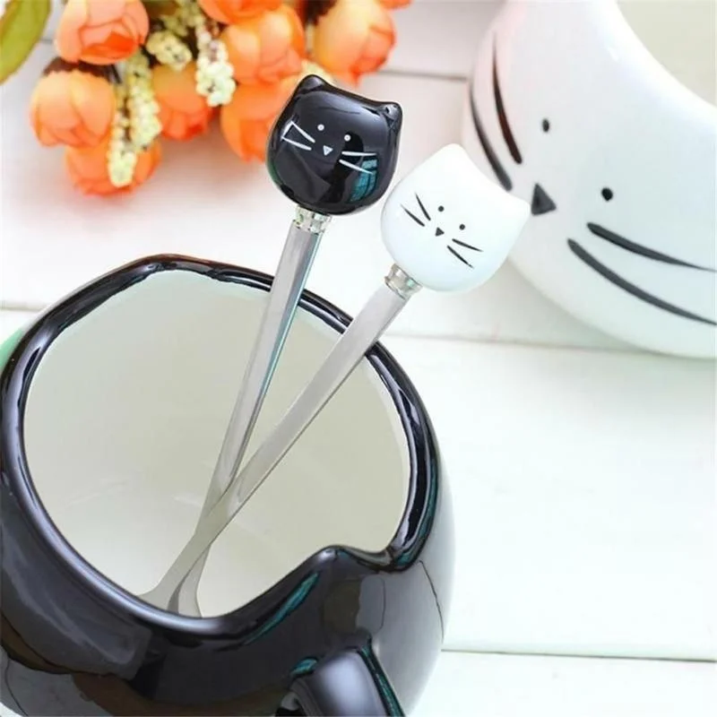

1PC Cat Harajuku Ice Cream Cartoon Black White Cat Head Spoons Baby Kids Children Feeding Coffee Stainless Steel Cute Teaspoon
