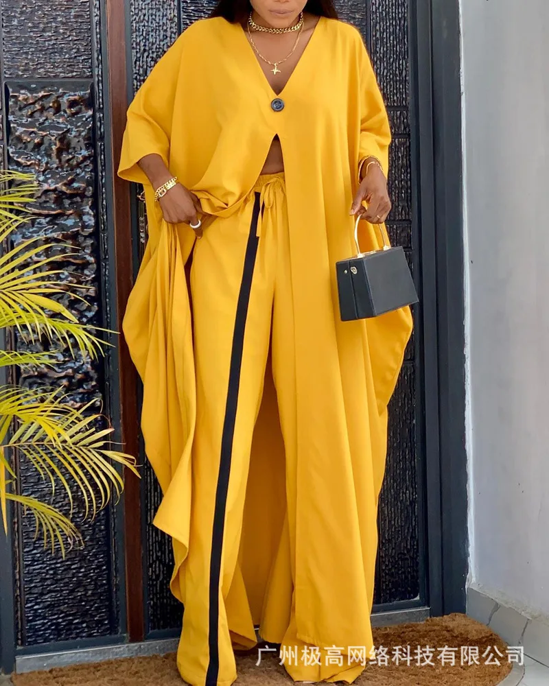 

Long Sleeve Slit Longline Top & Contrast Paneled Pants Set Women Spring Summer Fashion Casual Solid Color Clothes Suit