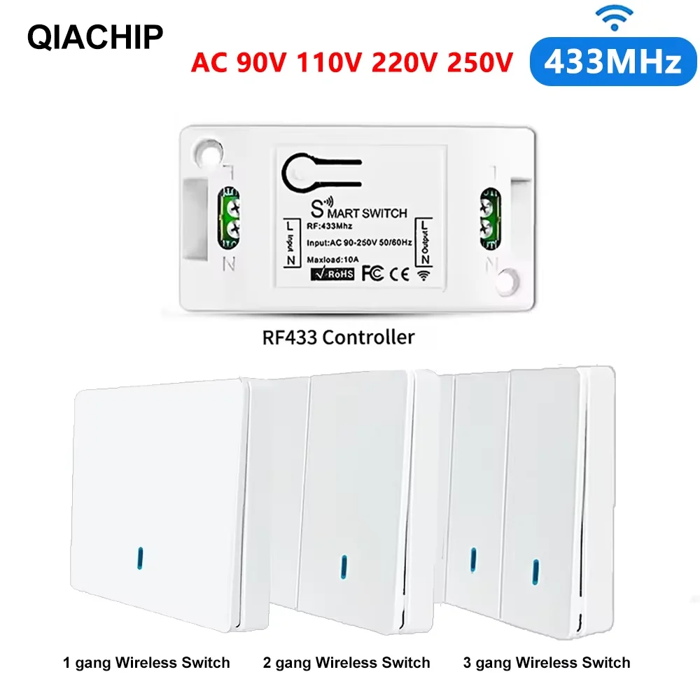 QIACHIP 433MHz Kablosuz Işık Anahtarları AC 110V 220V Uzaktan Kumanda 1CH Röle Alıcı RF Duvar Paneli Anahtarı LED Işık Lambası