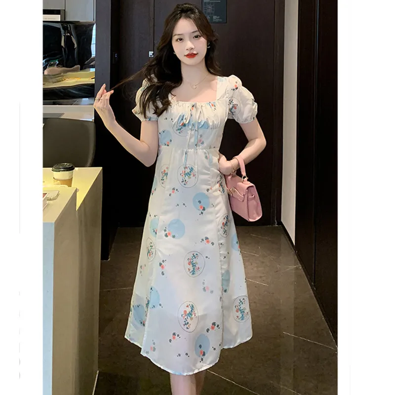 

Женское платье для отпуска, французское платье с рукавами-фонариками и квадратным вырезом, лето 2023