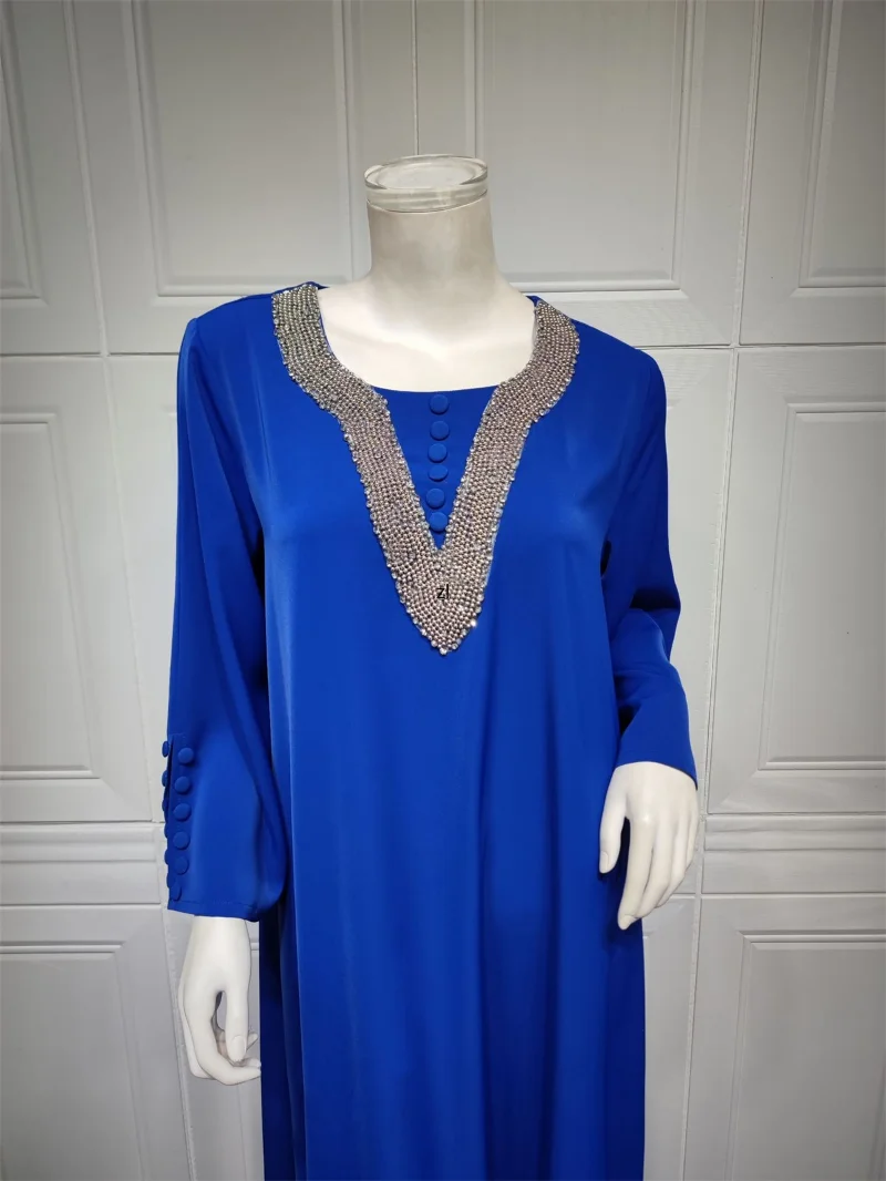 Elegant Dresses For Women Fashion Diamonds Button Decoration Long Sleeve Party Prom Dress Ramadan Muslim Women Clothing