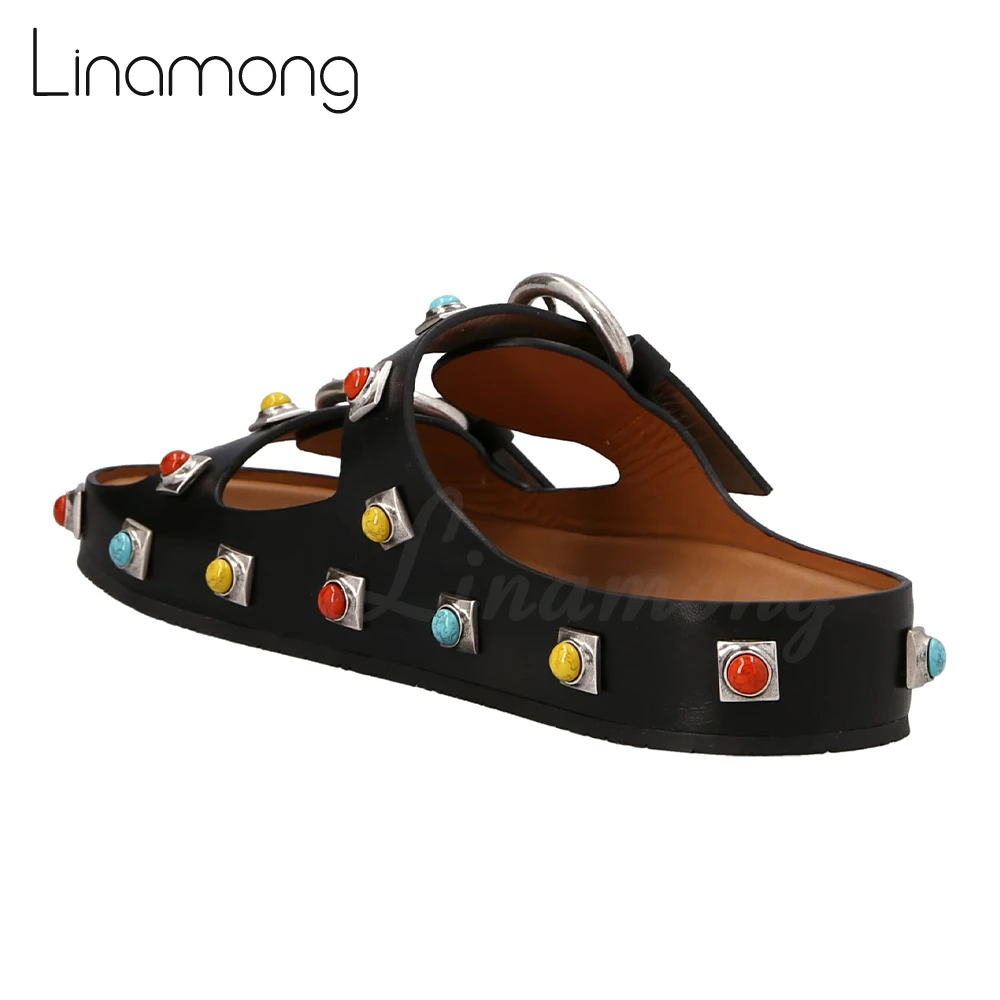 Colourful Stone Embellished Slippers Metal Gemstone Leather Strappy Sandals Adjustable Belt Buckle Rubber Sole Summer Shoes New