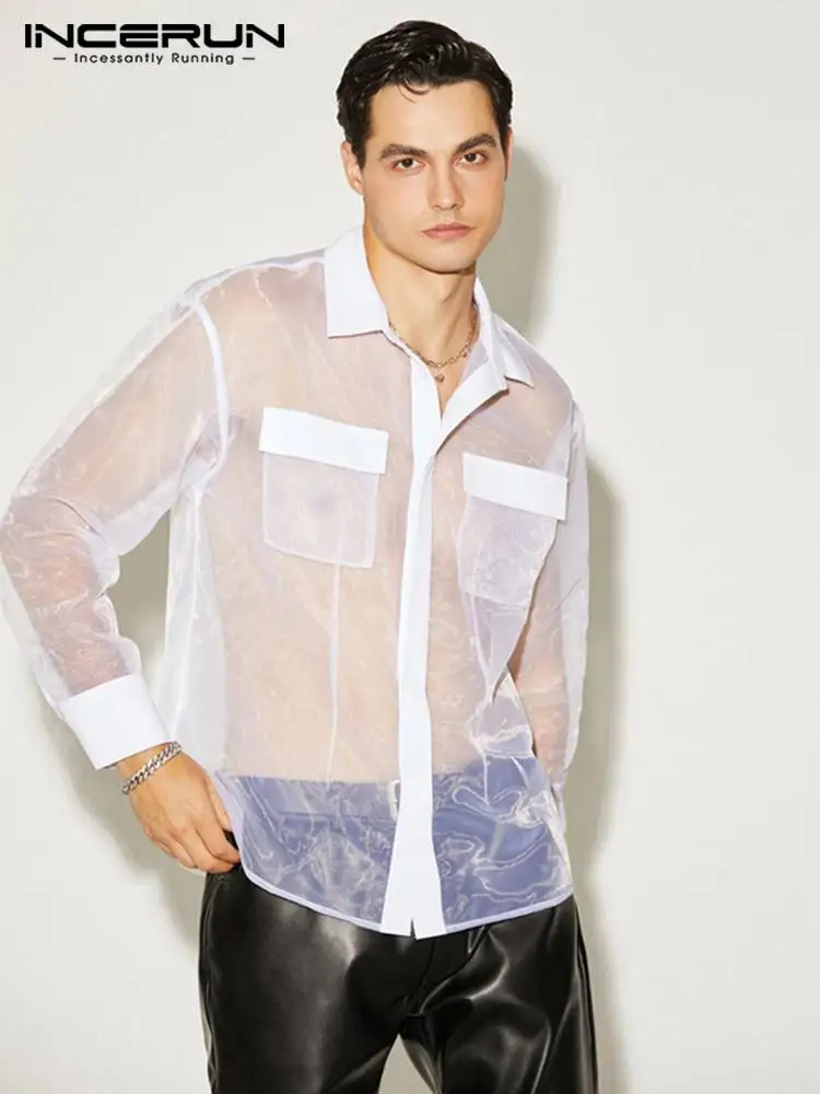 

INCERUN Topps 2022 Sexy Fashion New Men Organza Patch Pocket Blouse Casual Streetwear Male See-through Long Sleeve Shirts S-5XL