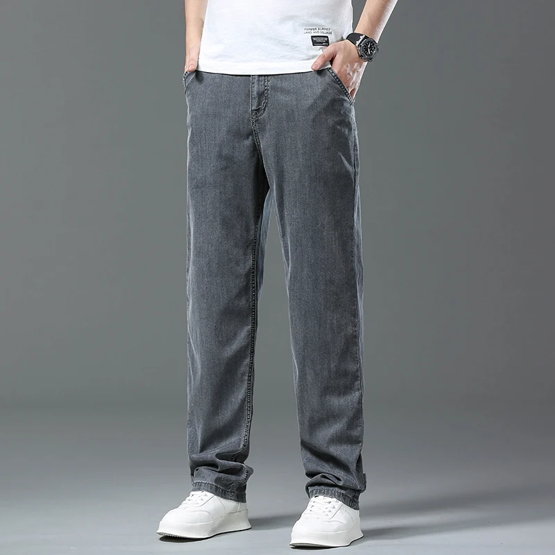 

Джинсы мужские из мягкой тонкой ткани, классические брюки из стрейчевой ткани, деловой стиль, повседневные брендовые штаны, серый синий цвет, 4 цвета, на лето