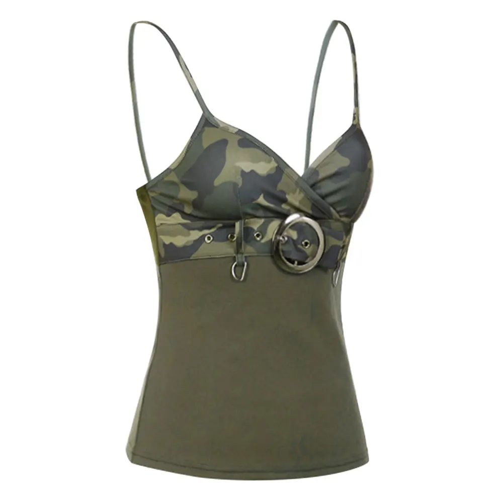

Dressfo Camouflage Women Tank Top Sleeveless Print Surplice Plunge Camisole O Ring Buckle Spaghetti Strap Tank Tops For Female