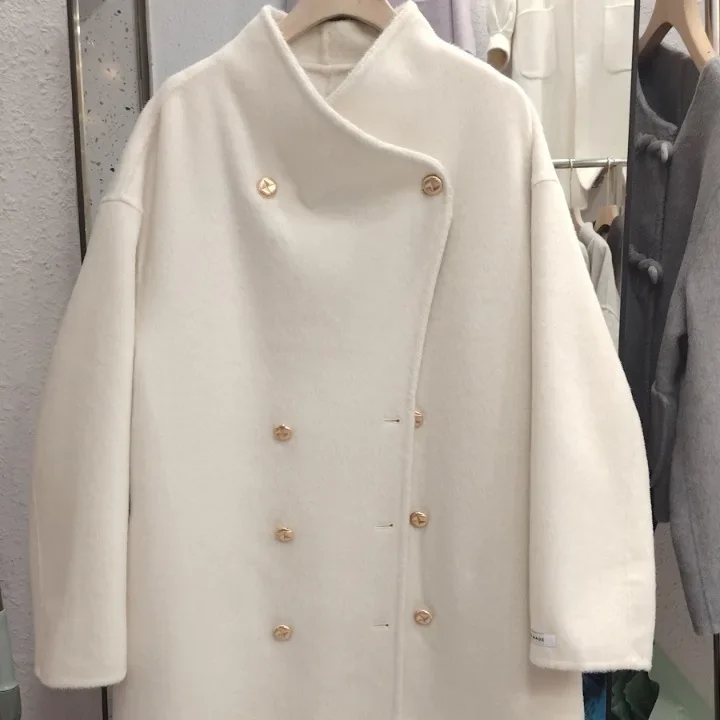 2024 супер красивое серое кашемировое длинное двустороннее шерстяное пальто для