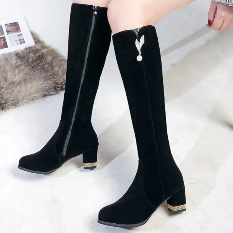 Женские туфли до колена элегантные длинные сапоги на эластичном каблуке для