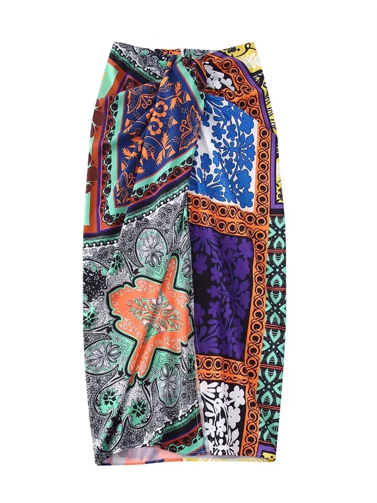 

Fashion Women Printed Skirt With Pleated Knot 2022 Summer High Waist Slit Hem Invisible Zip Casual Girls For Holiday Midi Skirts